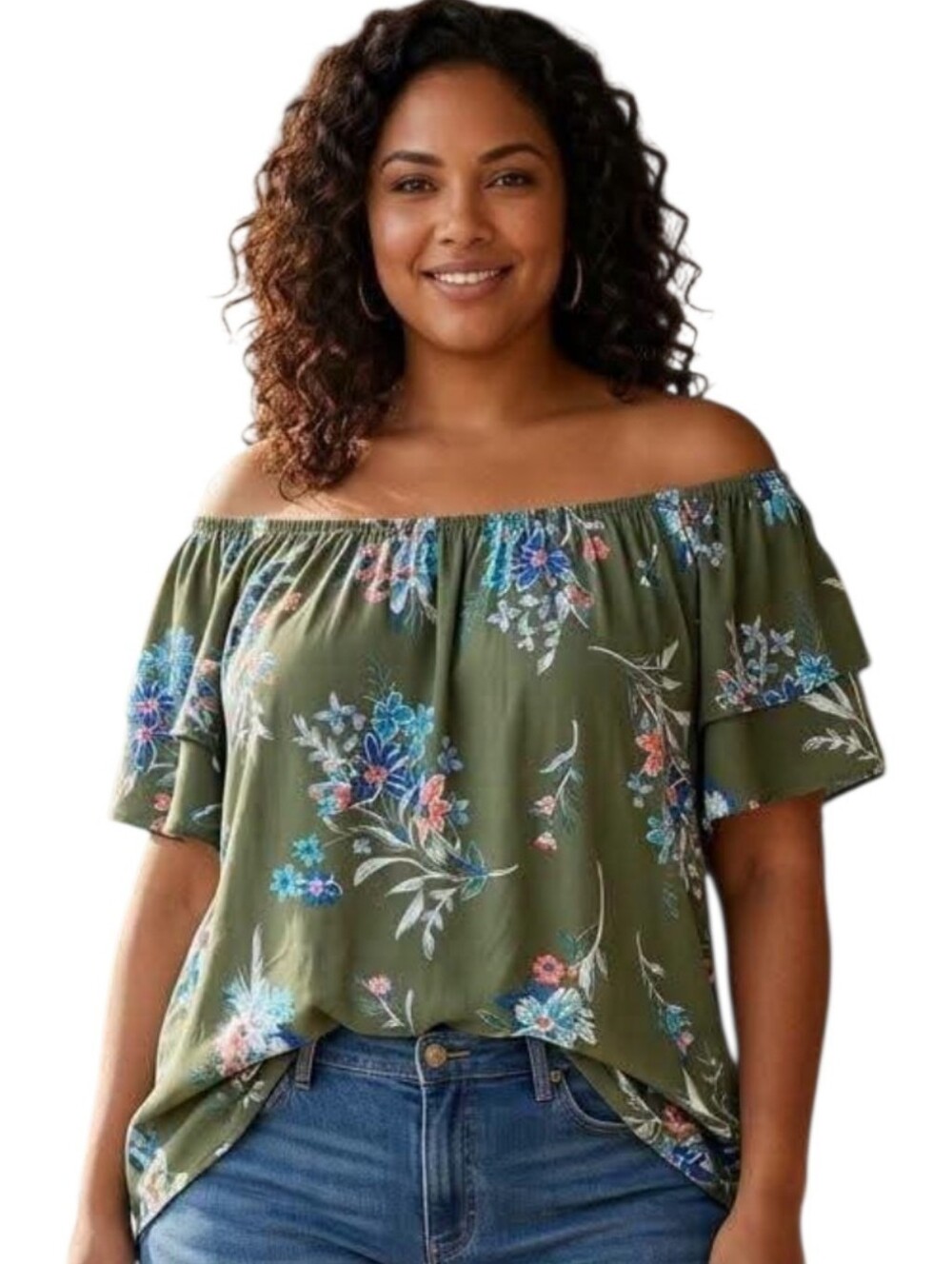 Terra & Sky Olive Floral Off-Shoulder Tunic with Blue and Pink Accents